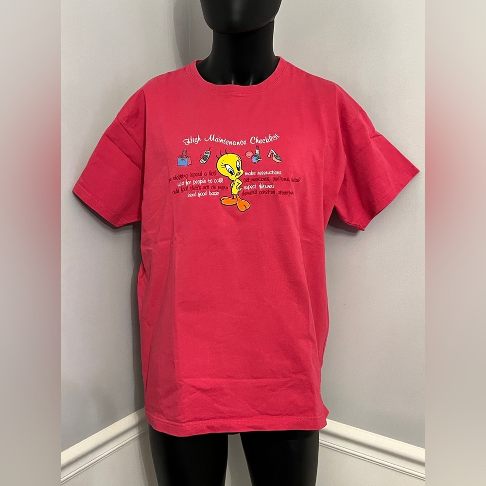 Warner Brothers Studio Tweety Bird High Maintenance Embroidered Tee Pink XL